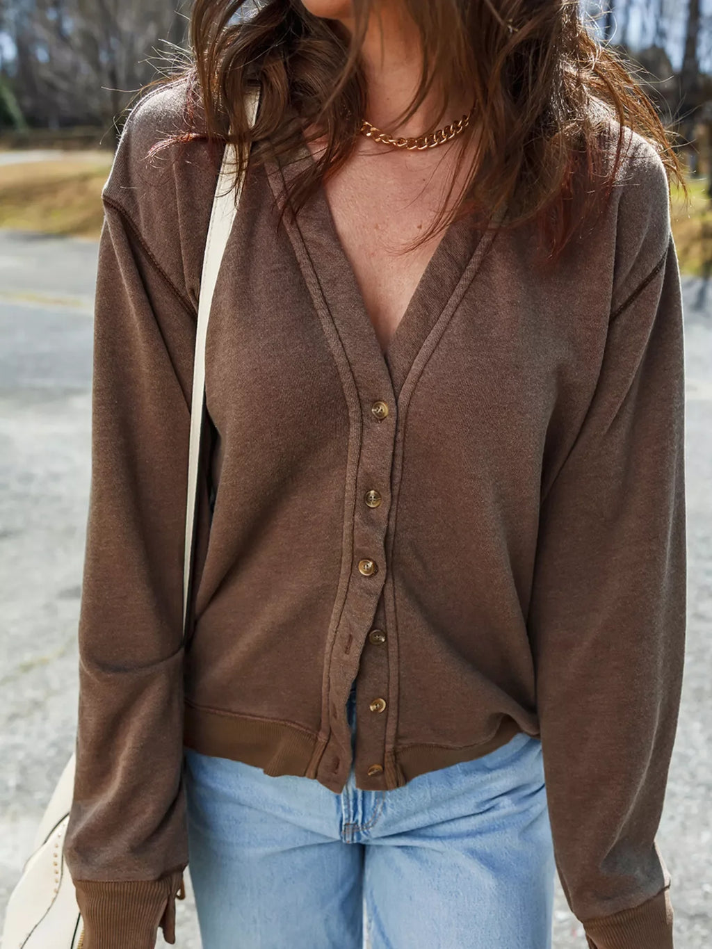 Button Front V Neck Casual Cardigan