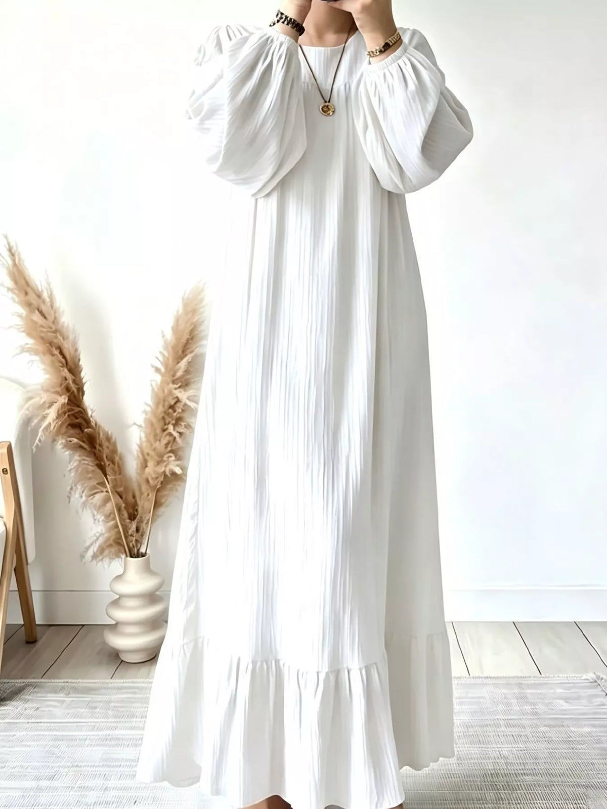 Full Size Textured Puff-Sleeve Maxi Dress Plus Size