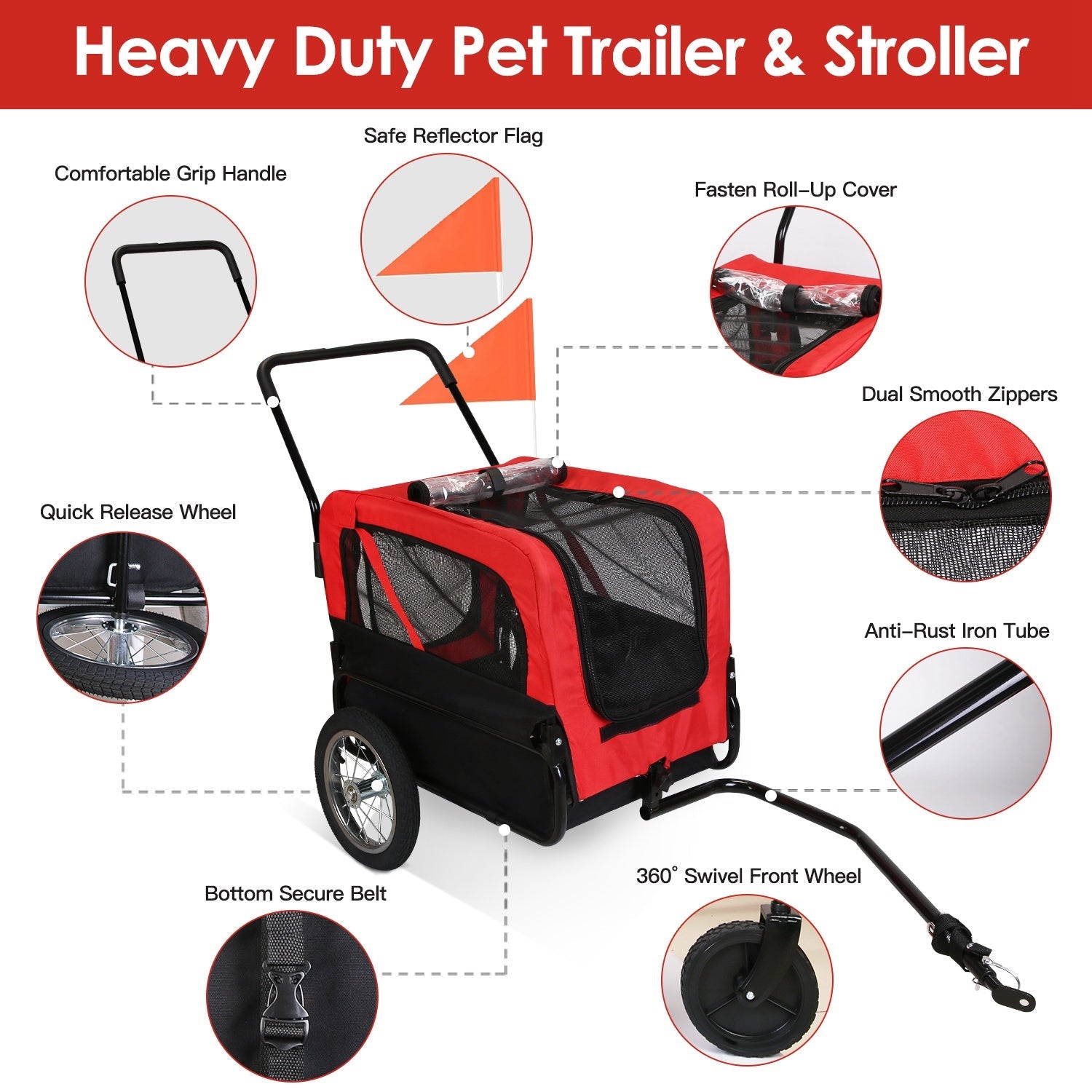 2-in-1 Pet Bike Trailer and Stroller for Small to Medium Pets