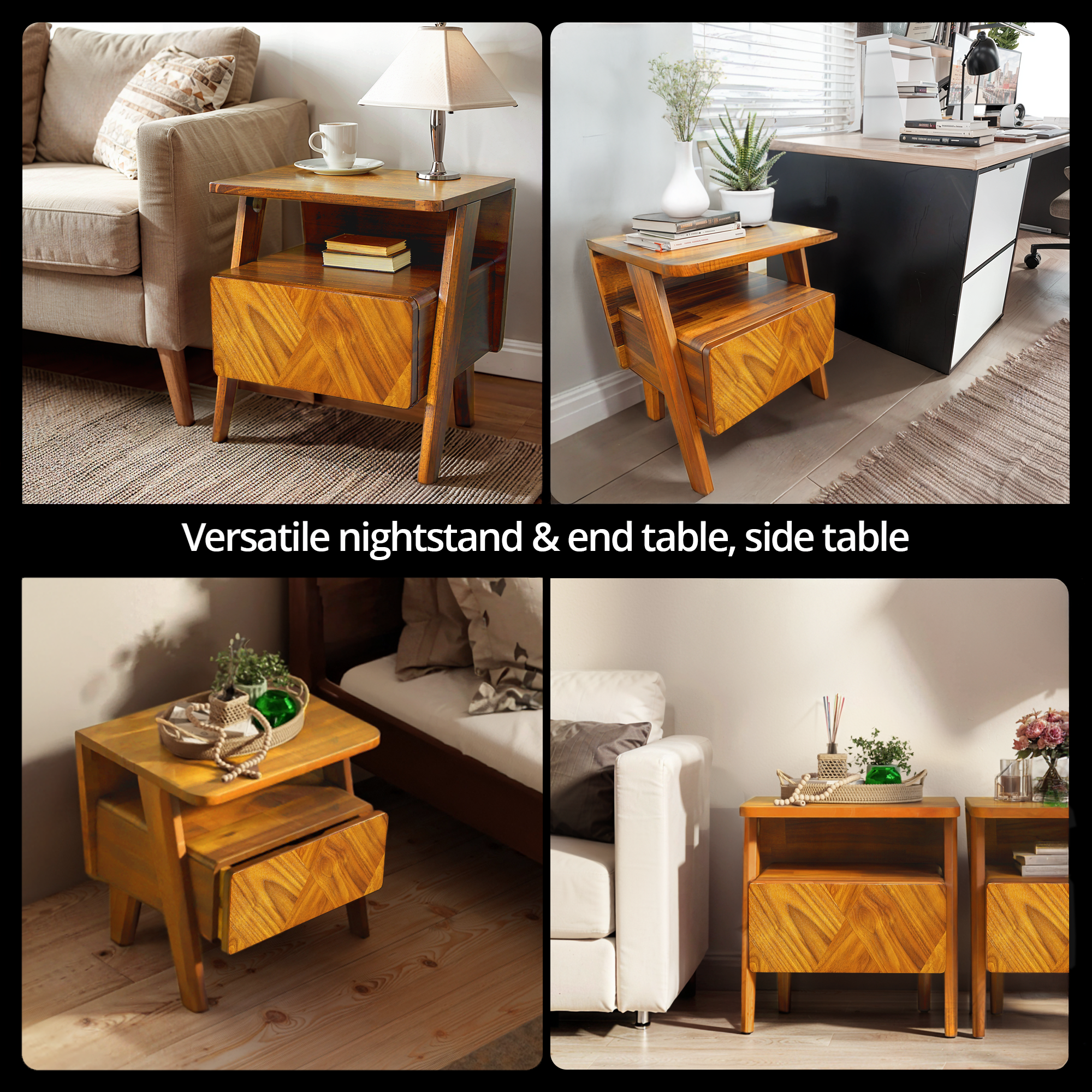 Rum Handcrafted Solid Wood Nightstand