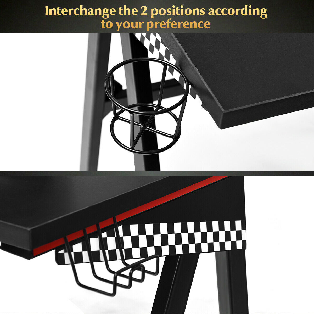 Ergonomic Computer Gaming Desk with Cup Holder and Headphone Hook