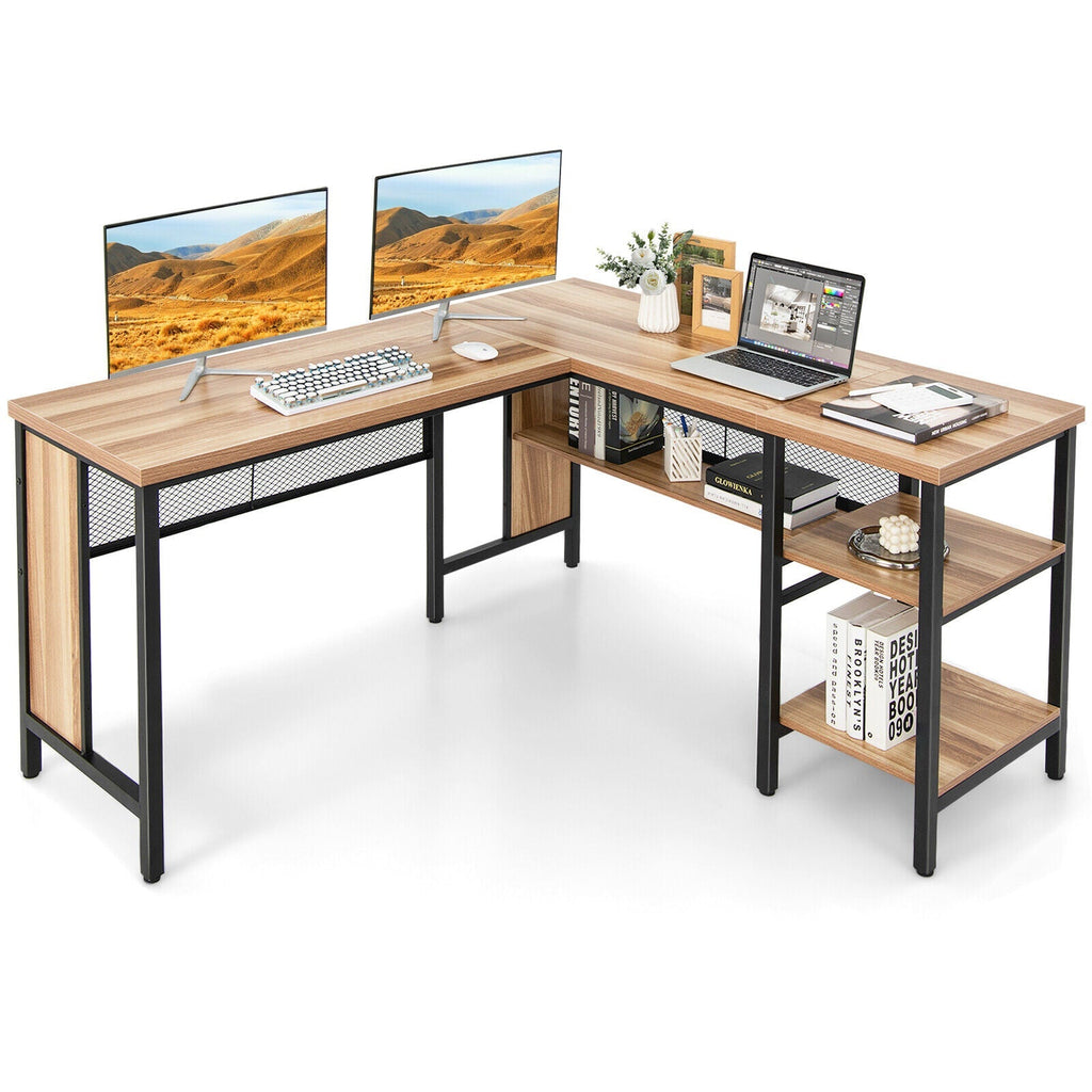 Industrial L-Shaped Corner Computer Desk Office Workstation with Storage Shelves