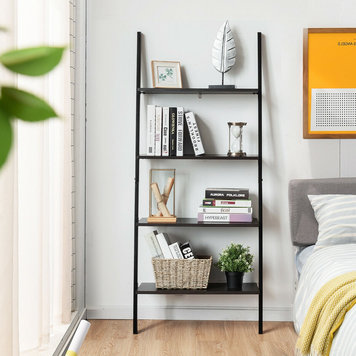 Multipurpose 4-Tier Industrial Leaning Wall Bookcase with Metal Frame