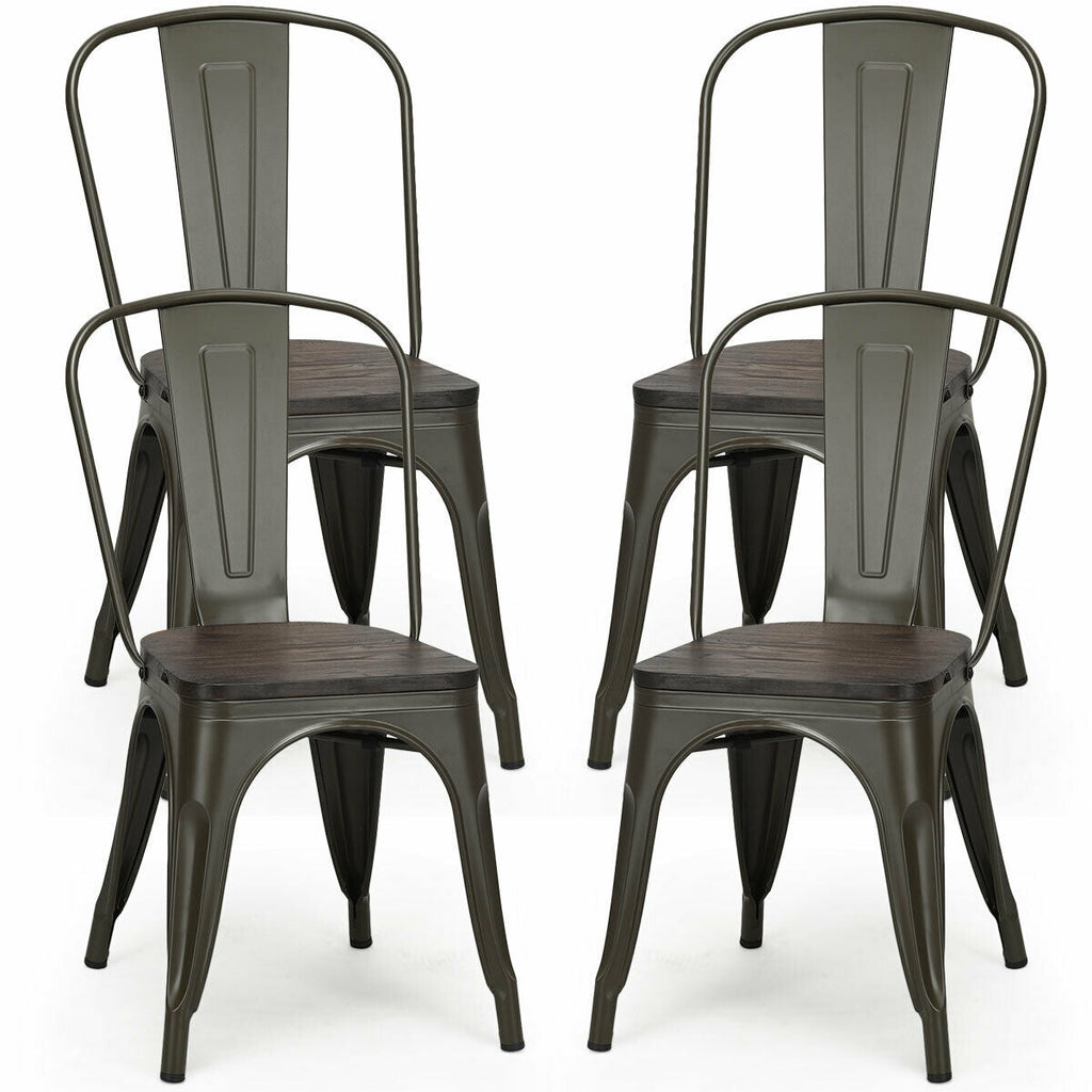 4 Pieces Tolix Style Metal Dining Side Chair Stackable Wood Seat