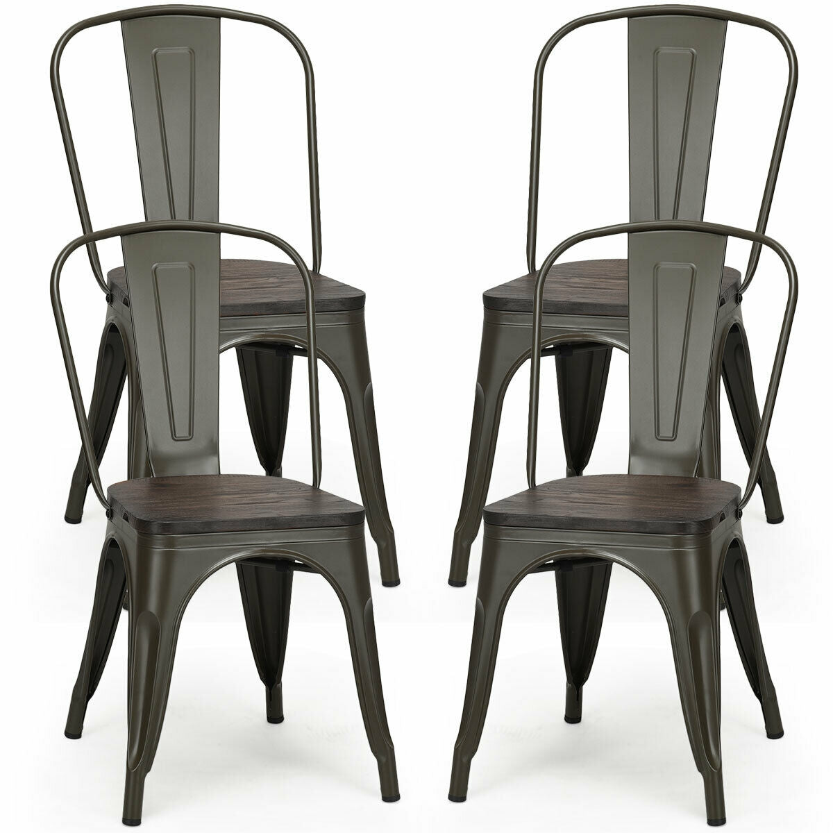 4 Pieces Tolix Style Metal Dining Side Chair Stackable Wood Seat