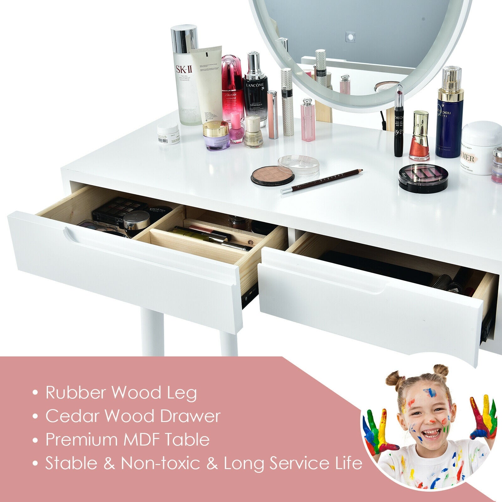 Touch Screen Vanity Makeup Table Stool Set with Lighted Mirror