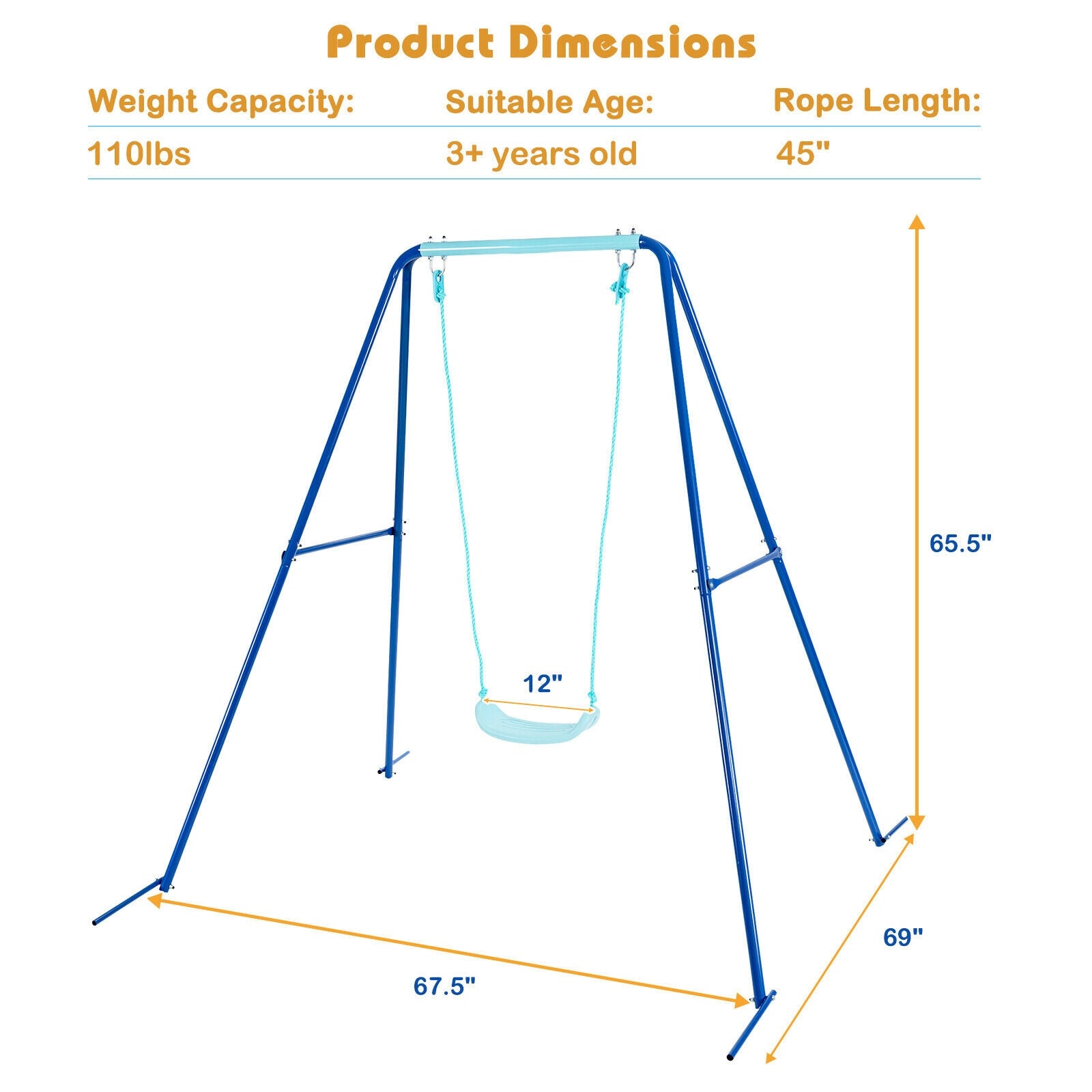 Outdoor Kids Swing Set with Heavy-Duty Metal A-Frame and Ground Stakes