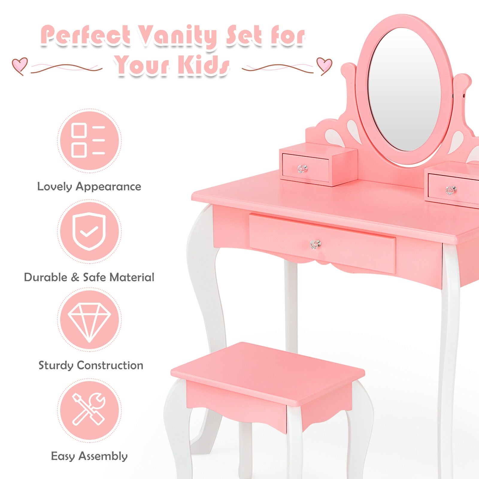 Kids Vanity Princess Makeup Dressing Table Stool Set with Mirror and Drawer