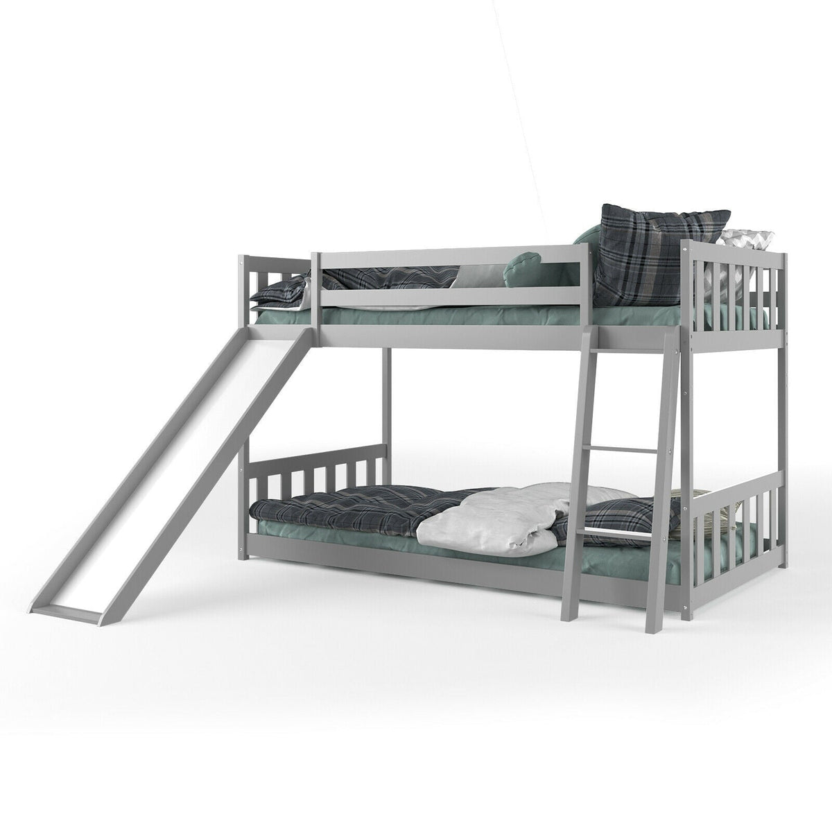 Twin over Twin Bunk Wooden Low Bed with Slide Ladder for Kids
