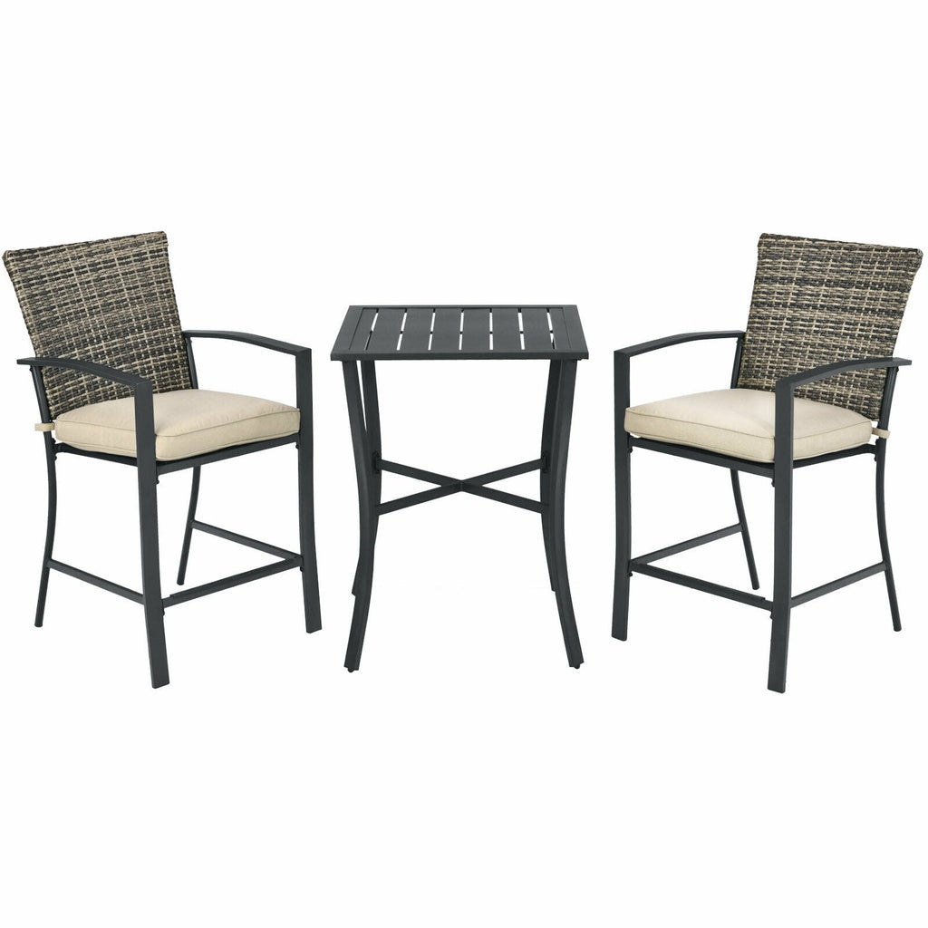 3 Pieces Rattan Bar Furniture Set with Slat Table and 2 Cushioned Stools