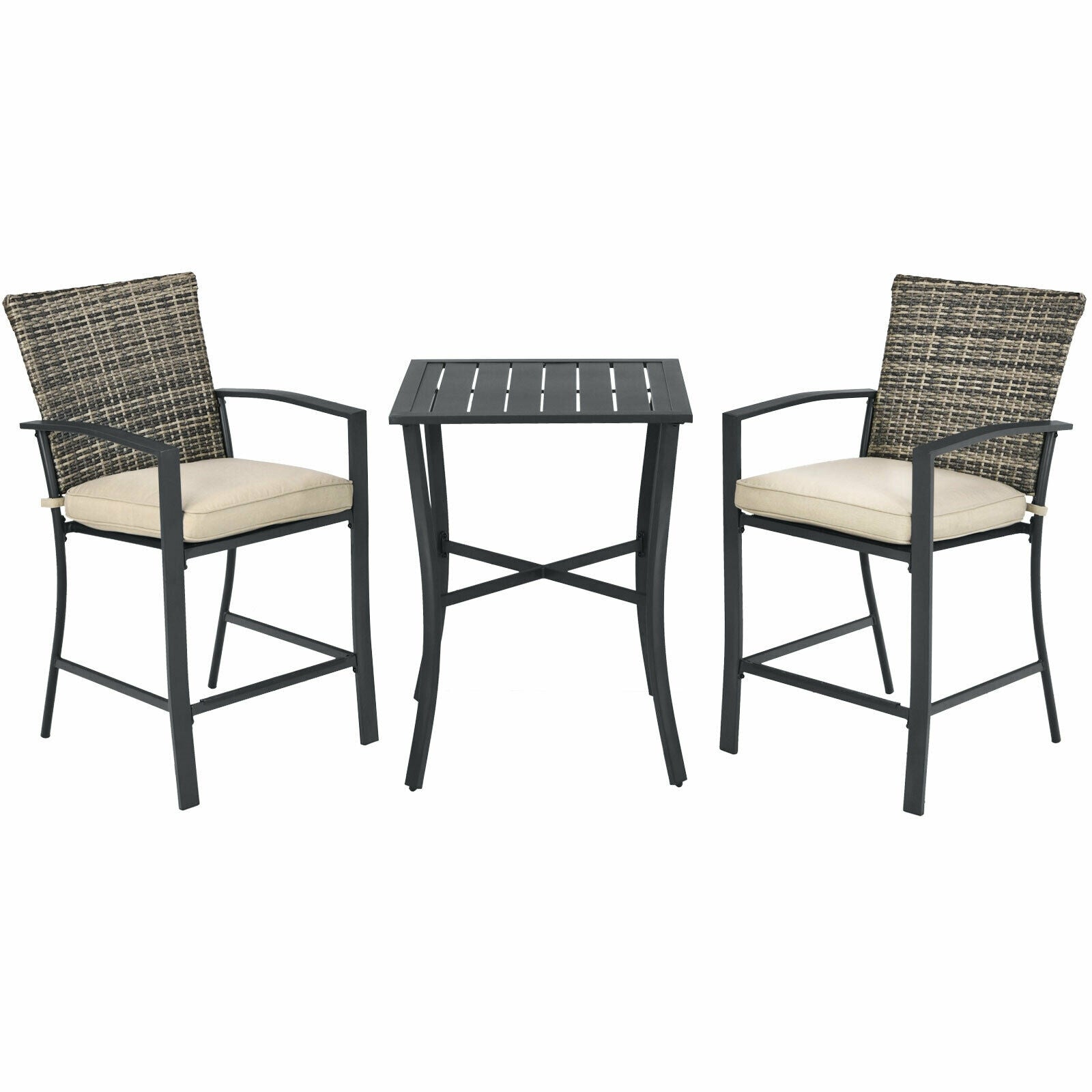 3 Pieces Rattan Bar Furniture Set with Slat Table and 2 Cushioned Stools