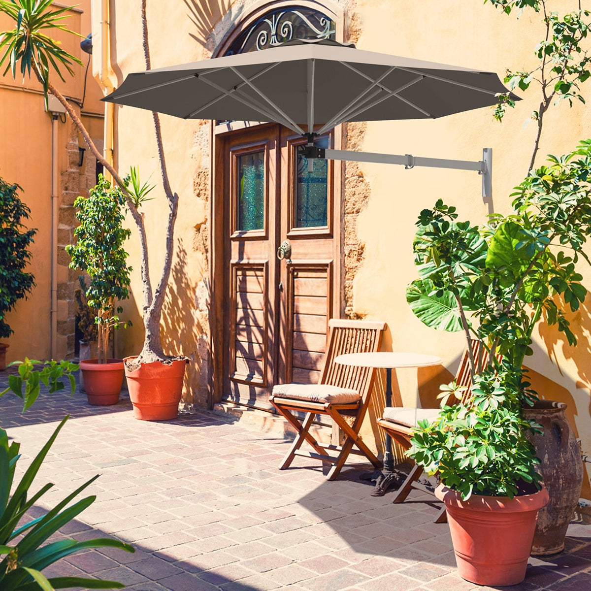 8ft Wall-Mounted Telescopic Folding Tilt Sun Shade Umbrella