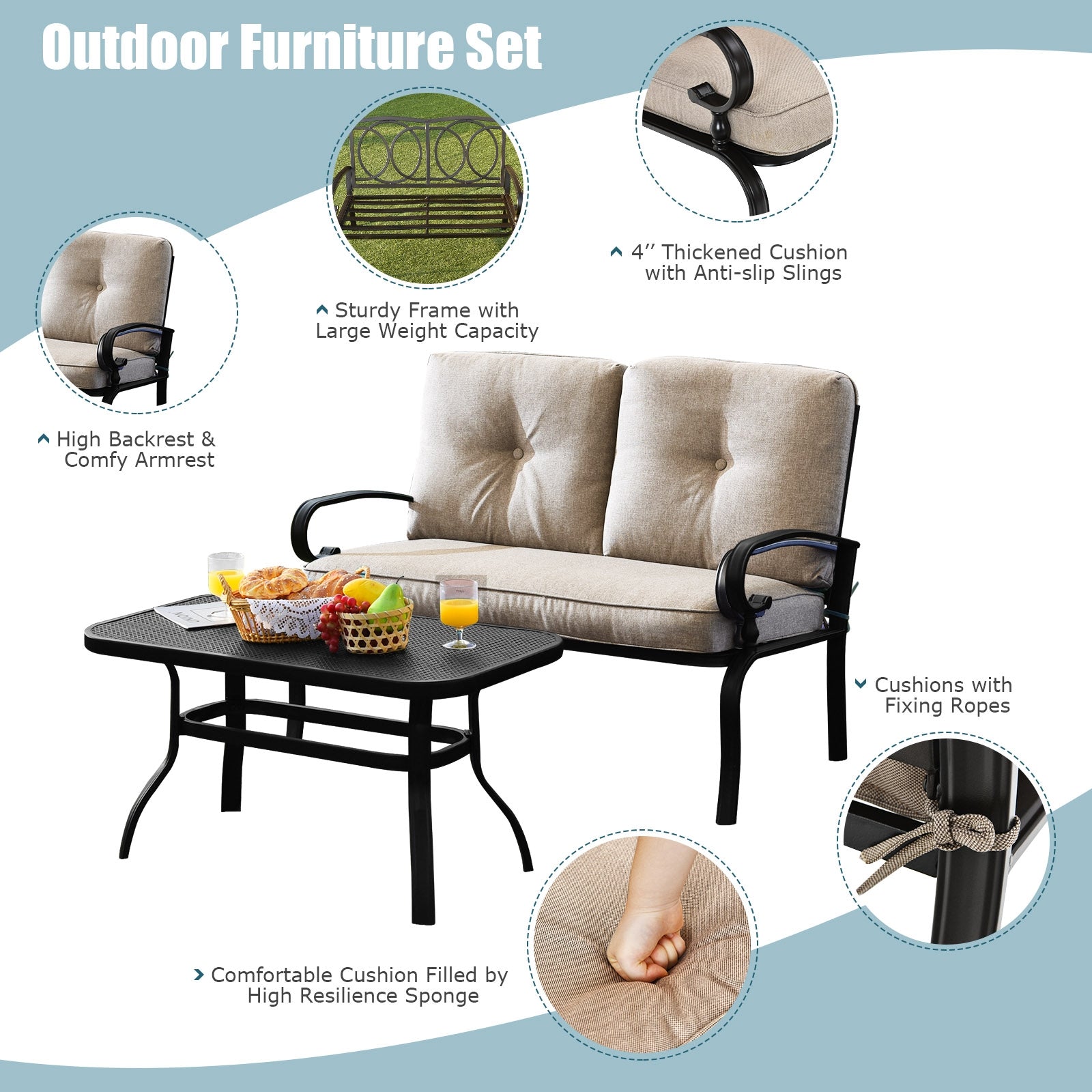 2 Pieces Patio Loveseat Bench Table Furniture Set with Cushioned Chair-Blue