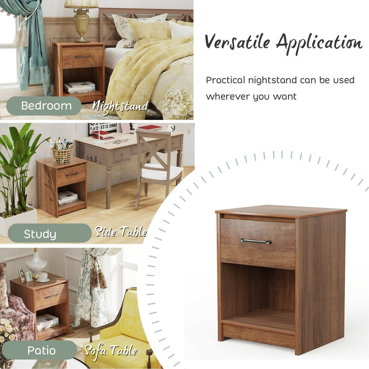 Wooden Nightstand with Drawer and Open Storage Compartment