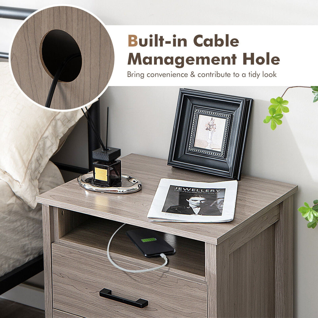 Modern Wood Grain Nightstand with Cable Hole and Open Compartment