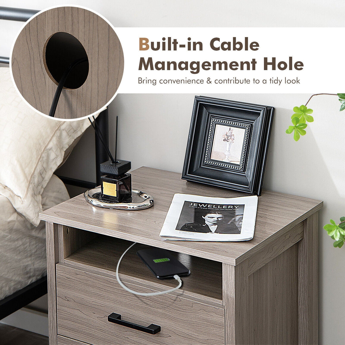 Modern Wood Grain Nightstand with Cable Hole and Open Compartment