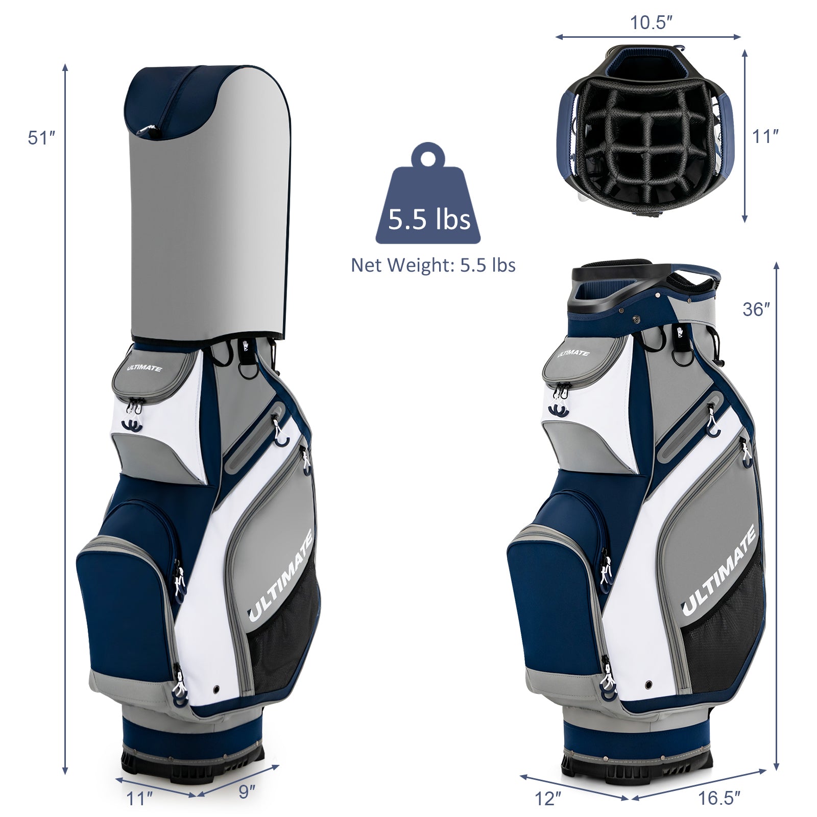 10.5 Inch Golf Stand Bag with 14 Way Dividers and 7 Zippered Pockets