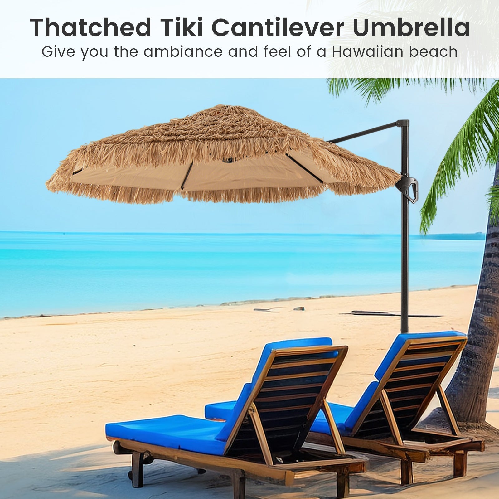 9.5 FT Cantilever Tiki Patio Umbrella Hawaiian Style Offset Hanging Umbrella-Natural