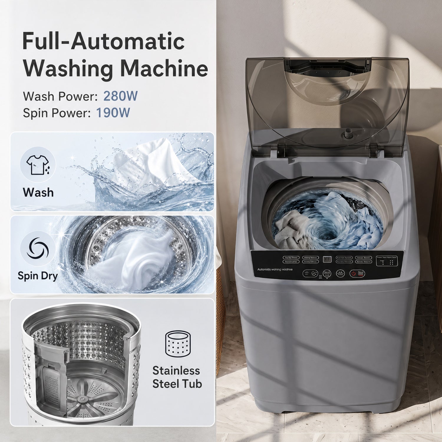 9.93 lbs Full Automatic Washing Machine with 8 Programs