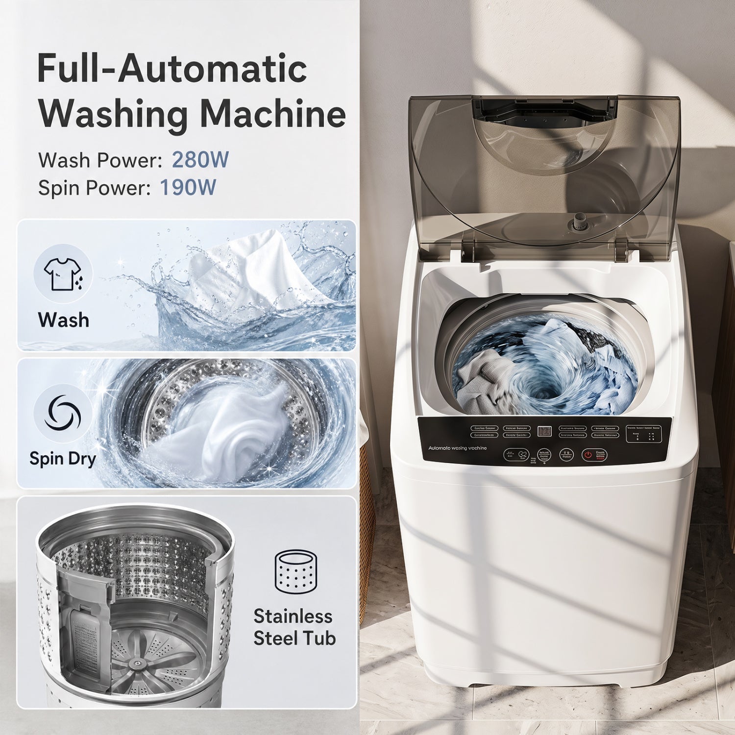 9.93 lbs Full Automatic Washing Machine with 8 Programs