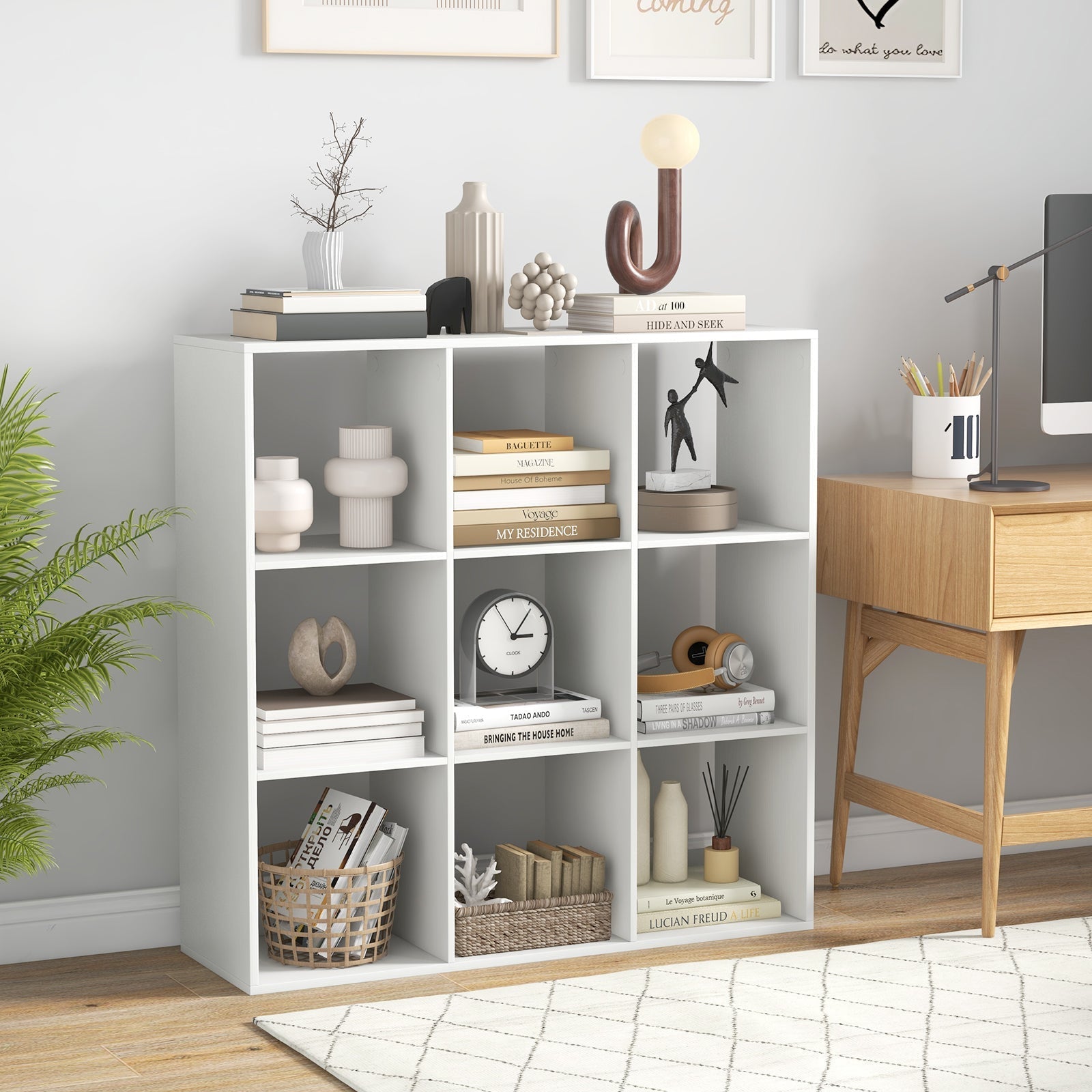 9 Cube Bookshelf with Back Guardrail for Living Room Bedroom-White