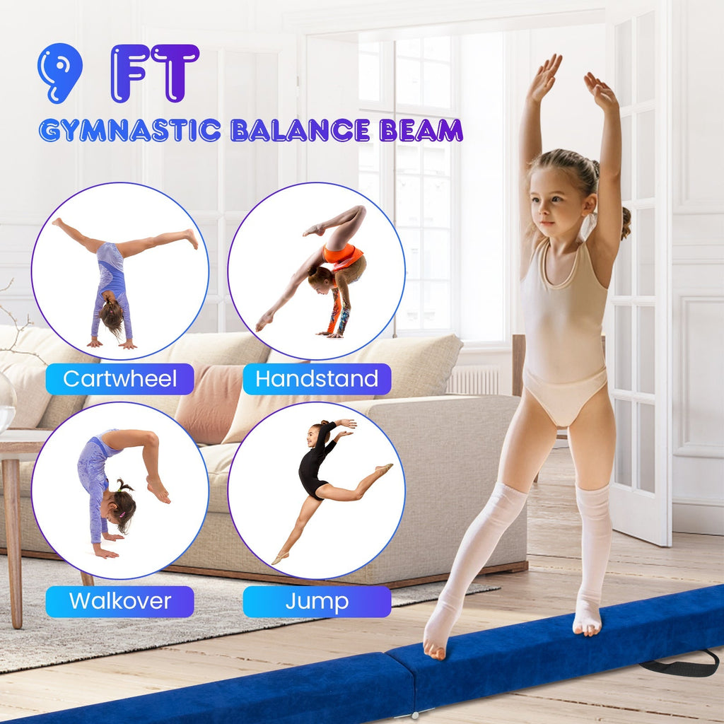 9 FT Folding Gymnastics Balance Beam with Anti-slip Base and Pine Wood Frame