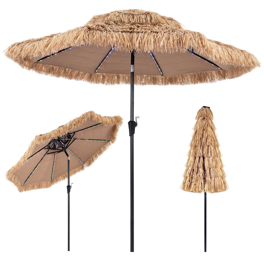 Thatched Tiki Umbrella 9 FT with Solar LED Lights