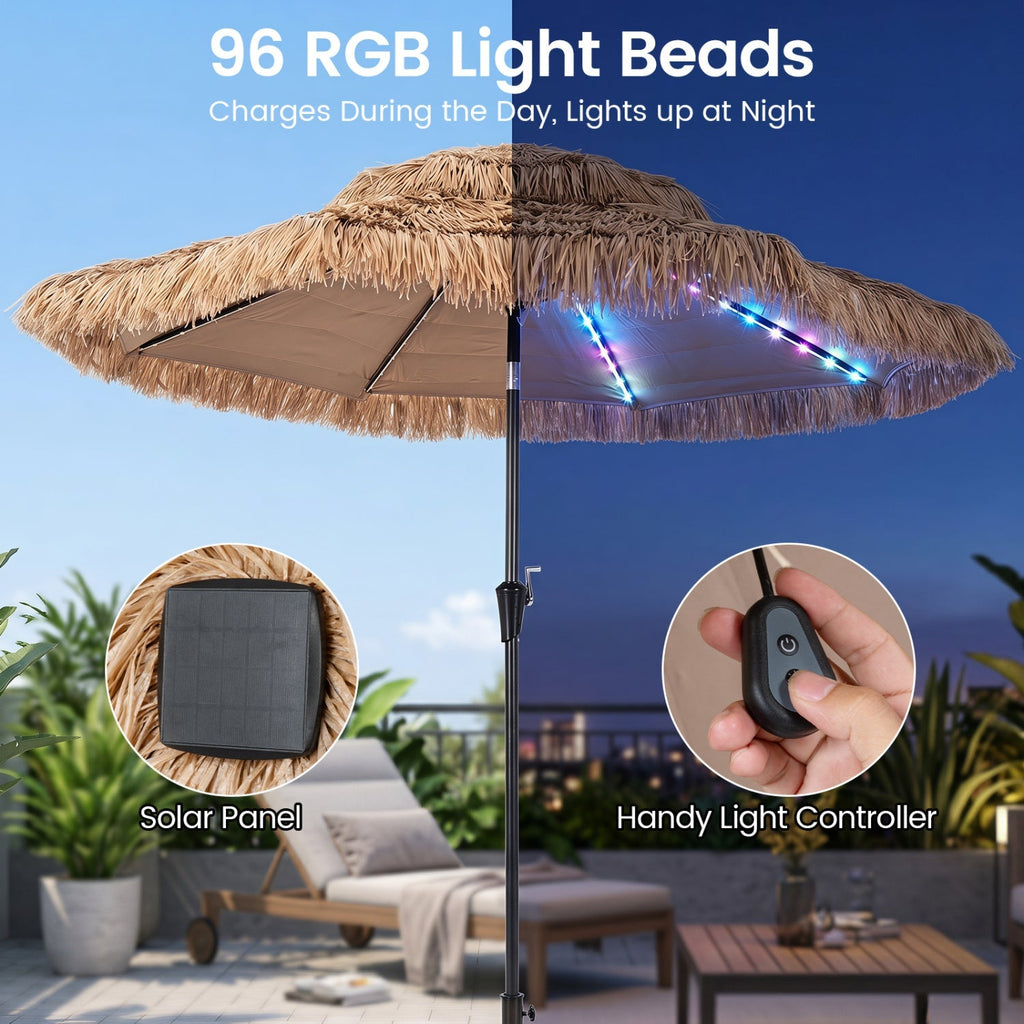 Thatched Tiki Umbrella 9 FT with Solar LED Lights
