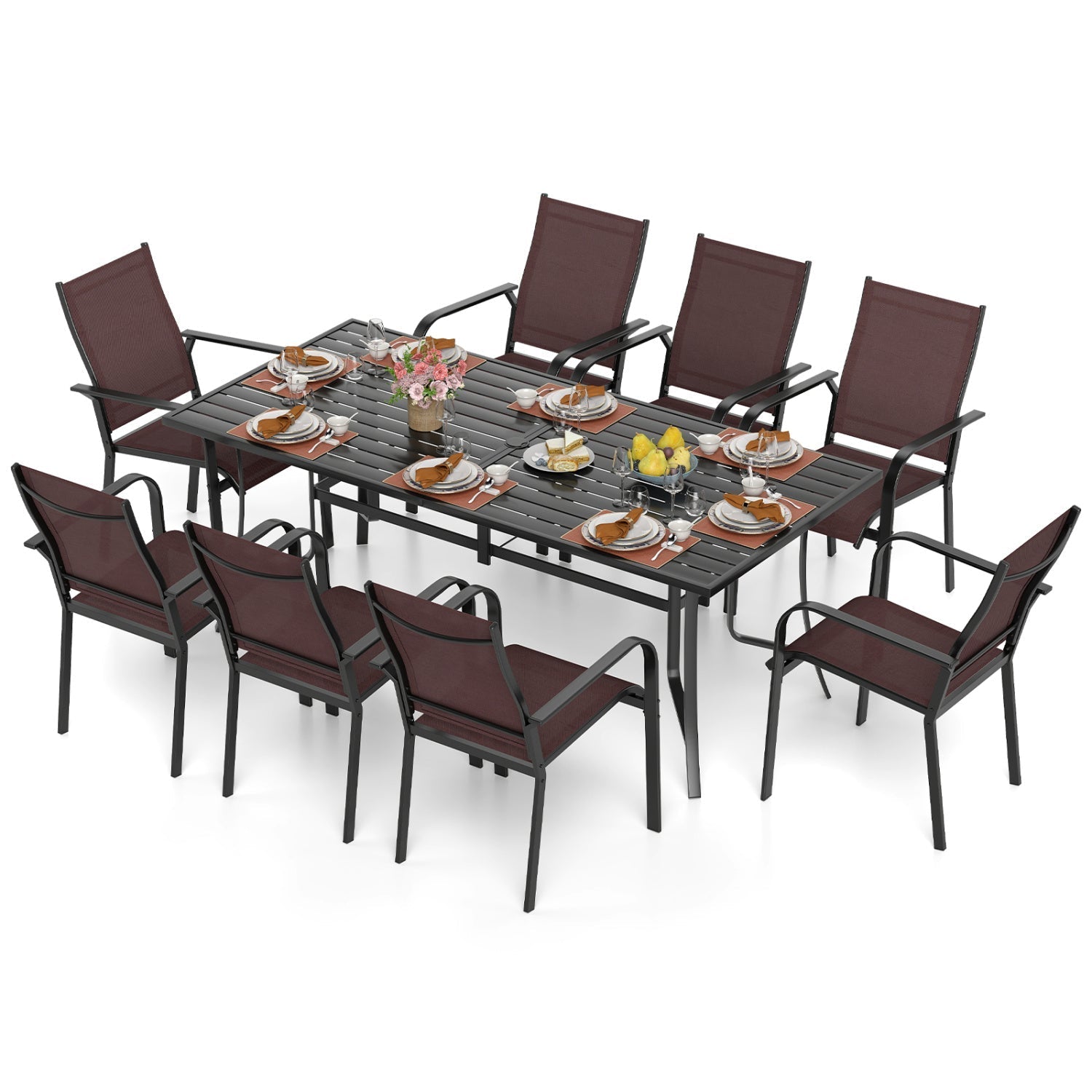 9 Pieces Patio Dining Set for 8 Outdoor Rectangular Table and Stackable Chairs