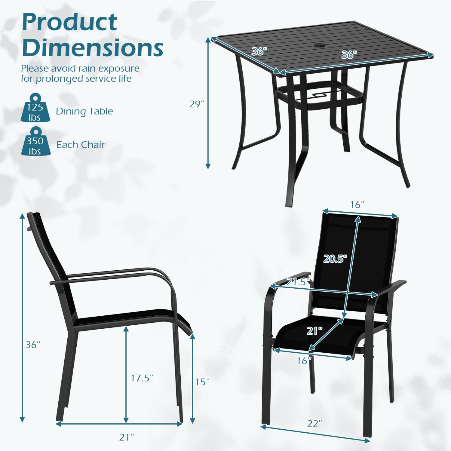 5 Pieces Patio Dining Set for 4 Outdoor Square Table and Stackable Chairs