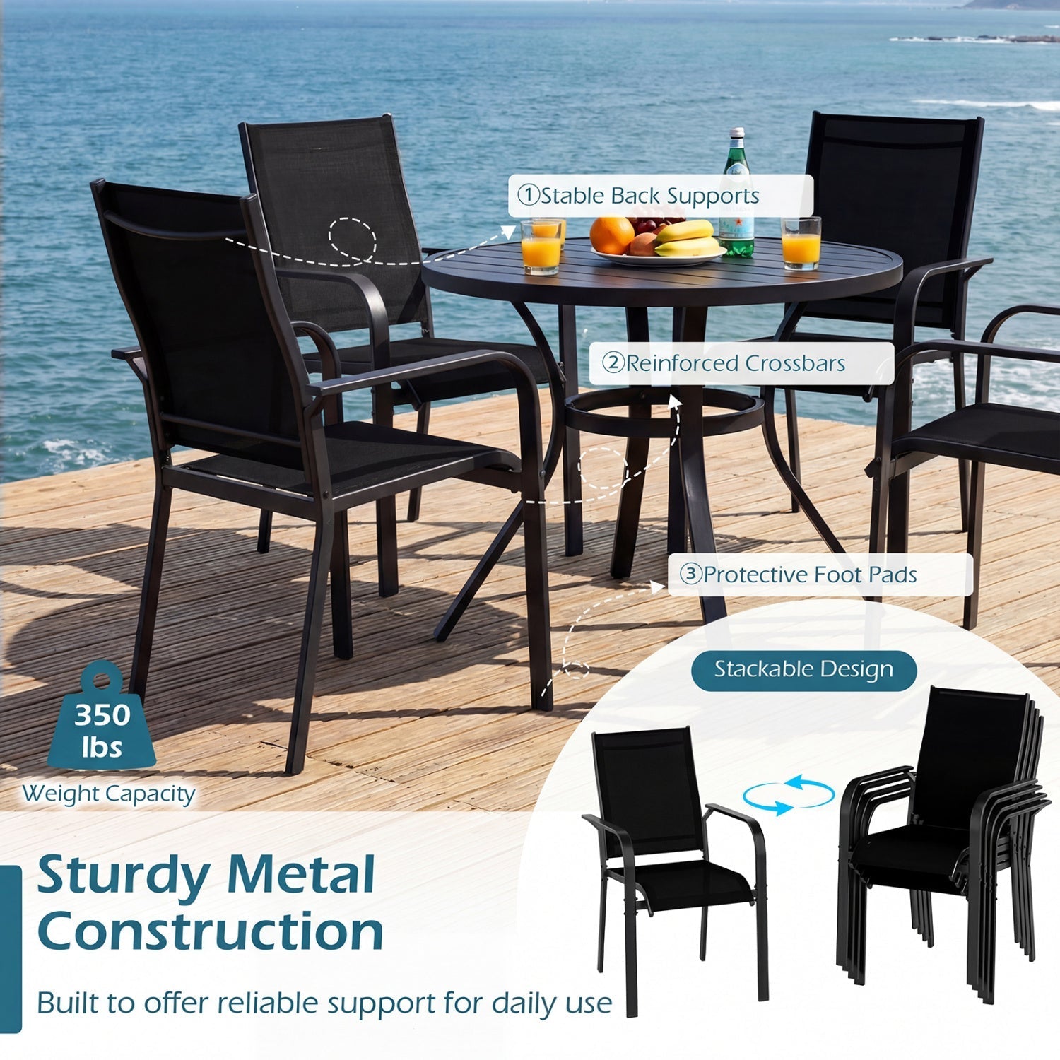 5 Pieces Patio Dining Set for 4 Outdoor Square Table and Stackable Chairs