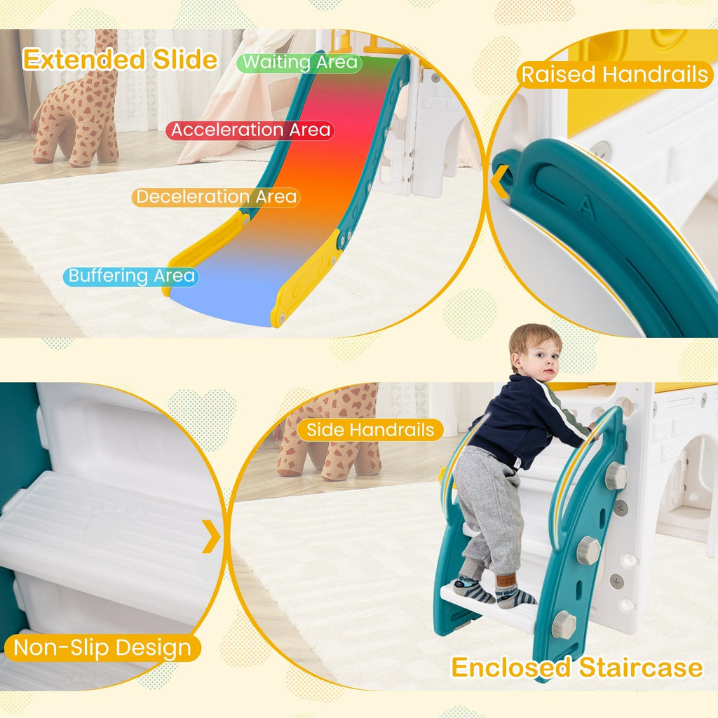 9-in-1 Toddler Slide L-Shaped with Basketball Hoop and Steering Wheel