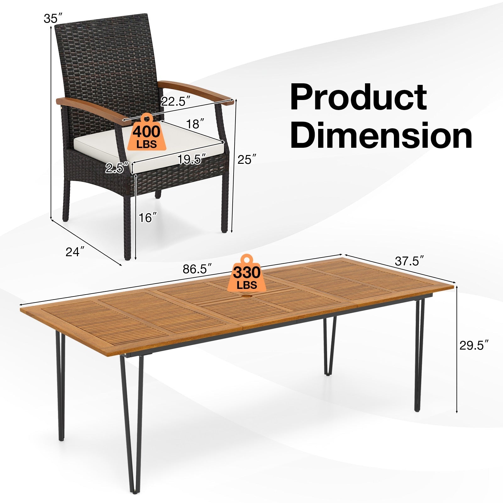9 Pieces Outdoor Patio Dining Set with Acacia Wood Square Table and Umbrella Hole