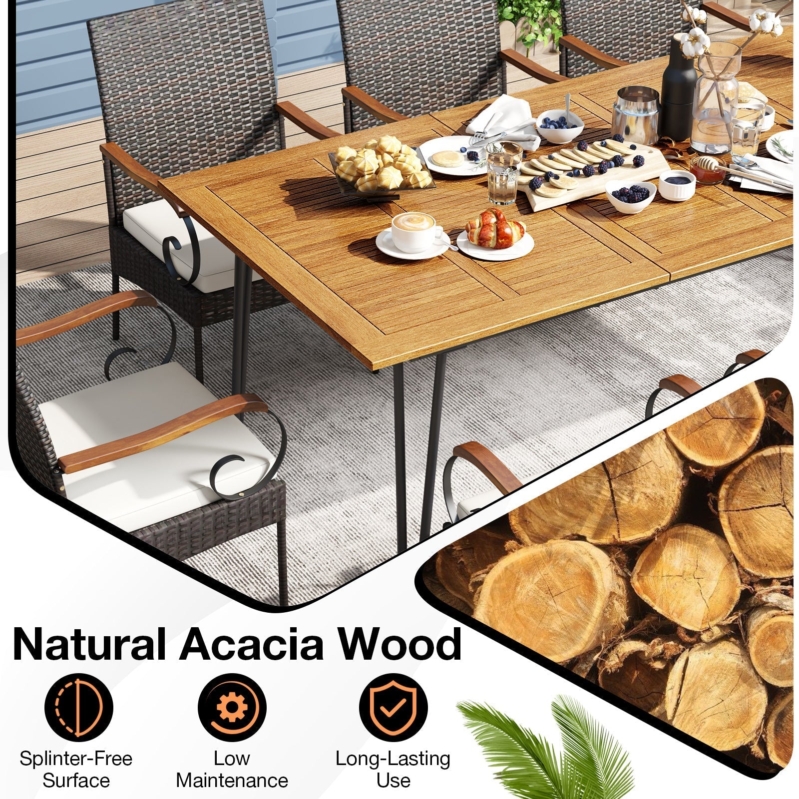 9 Pieces Outdoor Patio Dining Set with Soft Cushions and Umbrella Hole