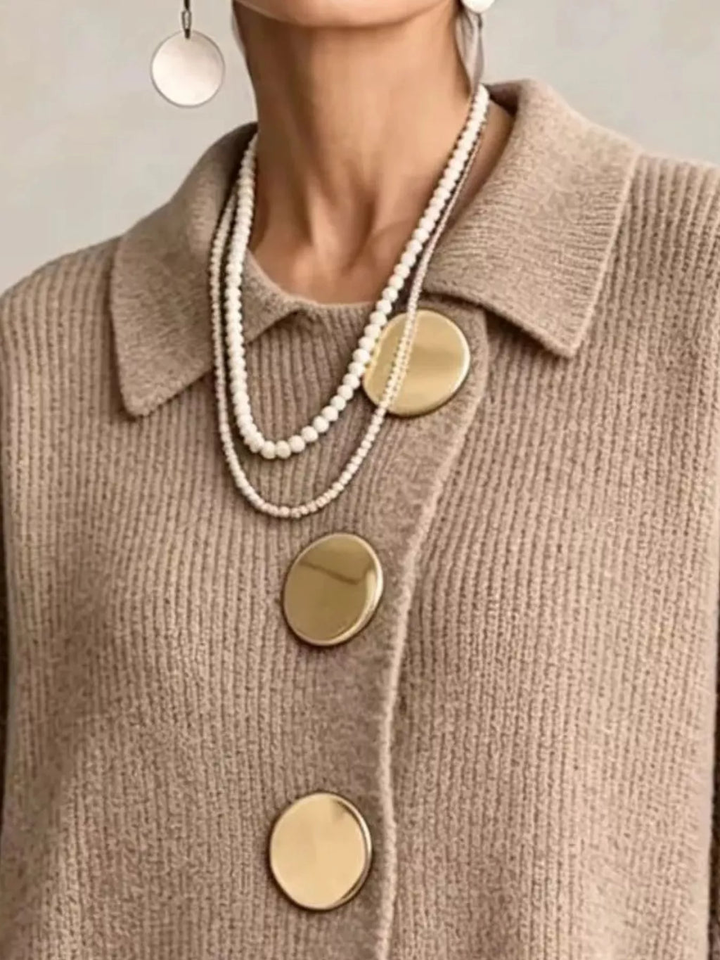Full Size Gold Buttons Lantern Sleeve Cardigan Plus Size