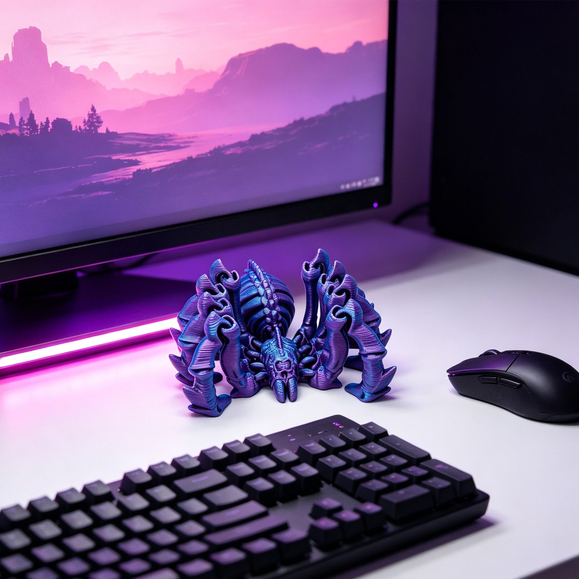 3D Printed Articulated Spider, Flexible Movable Jointed Fantasy Creature Figure, Purple Blue Desktop Fidget Decor For Office Desk Halloween Display