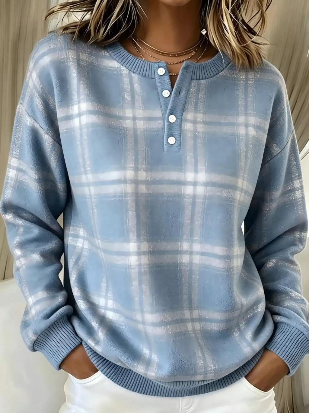 Full Size Plaid Button Detail Long Sleeve Sweatshirt Plus Size