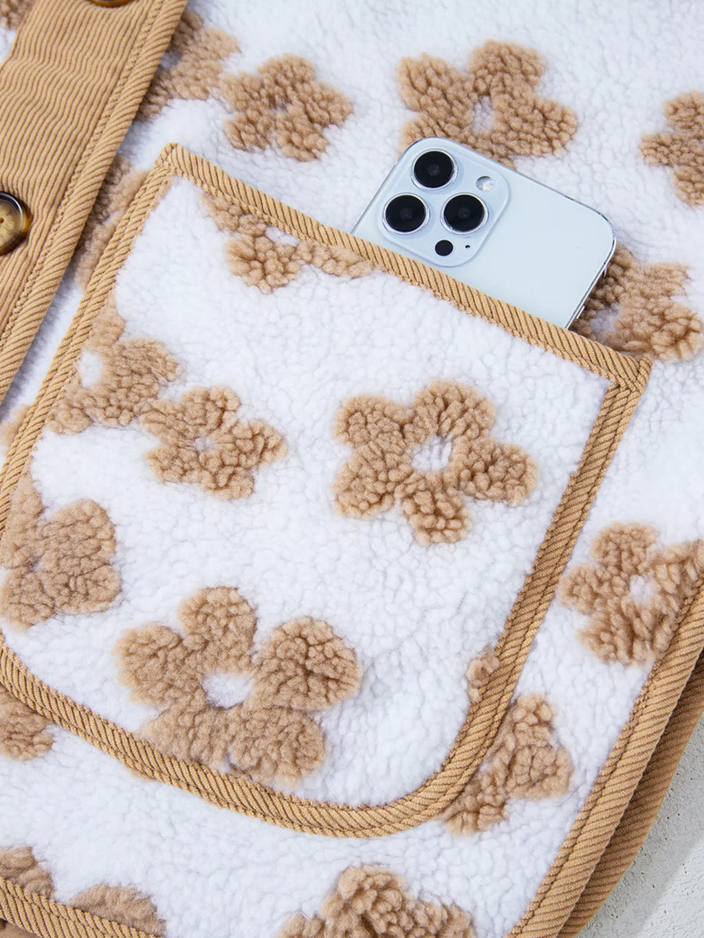 Flower Pattern Button Up Fleece Jacket