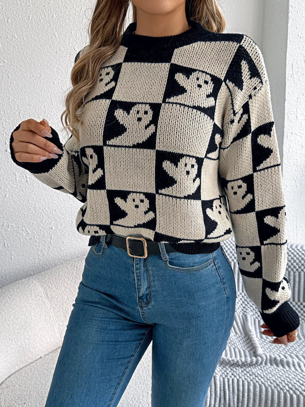 Halloween Ghost Pattern Checkered Round Neck Sweater