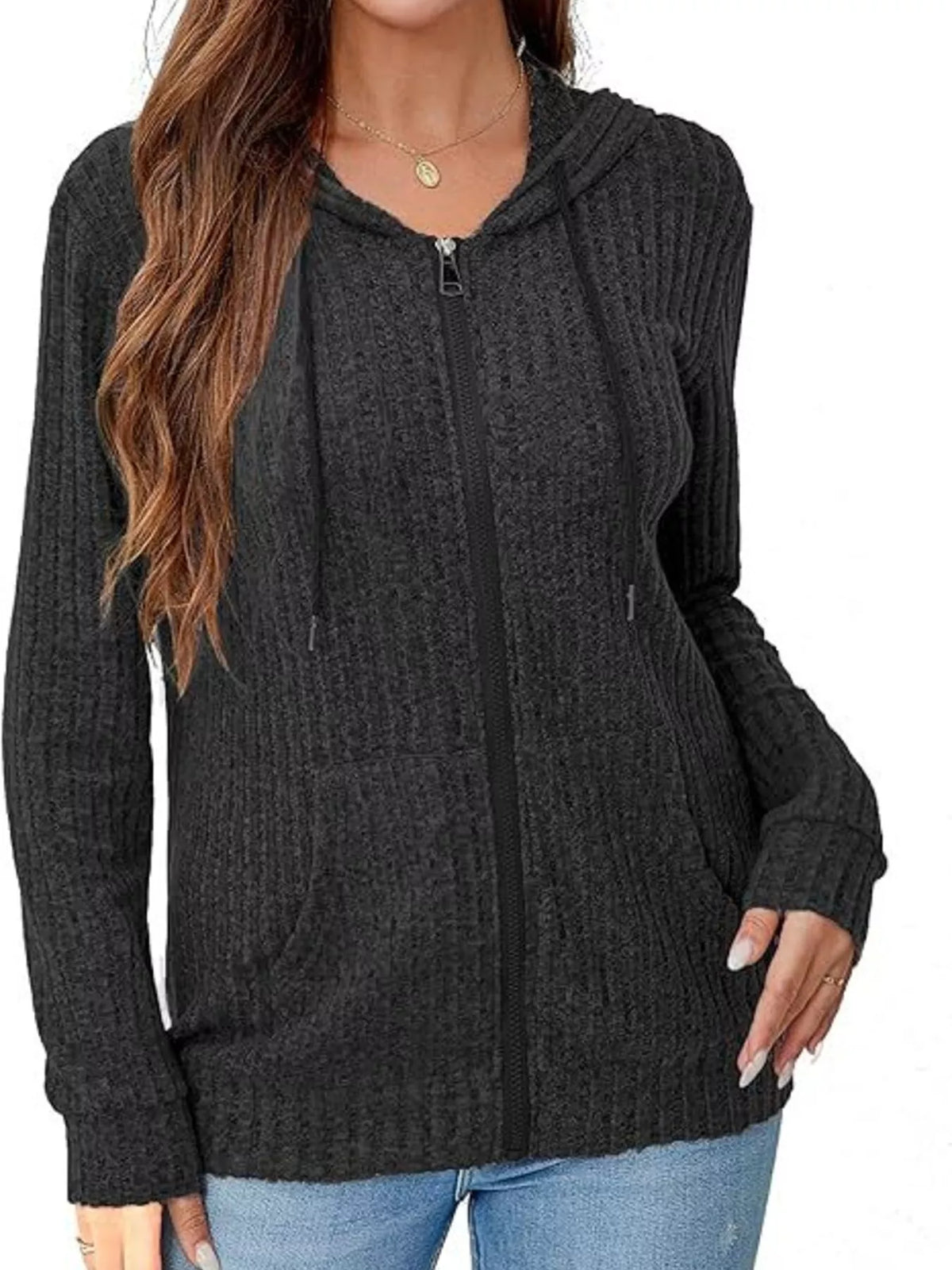 Ribbed Knit Zip-Up Hooded Cardigan