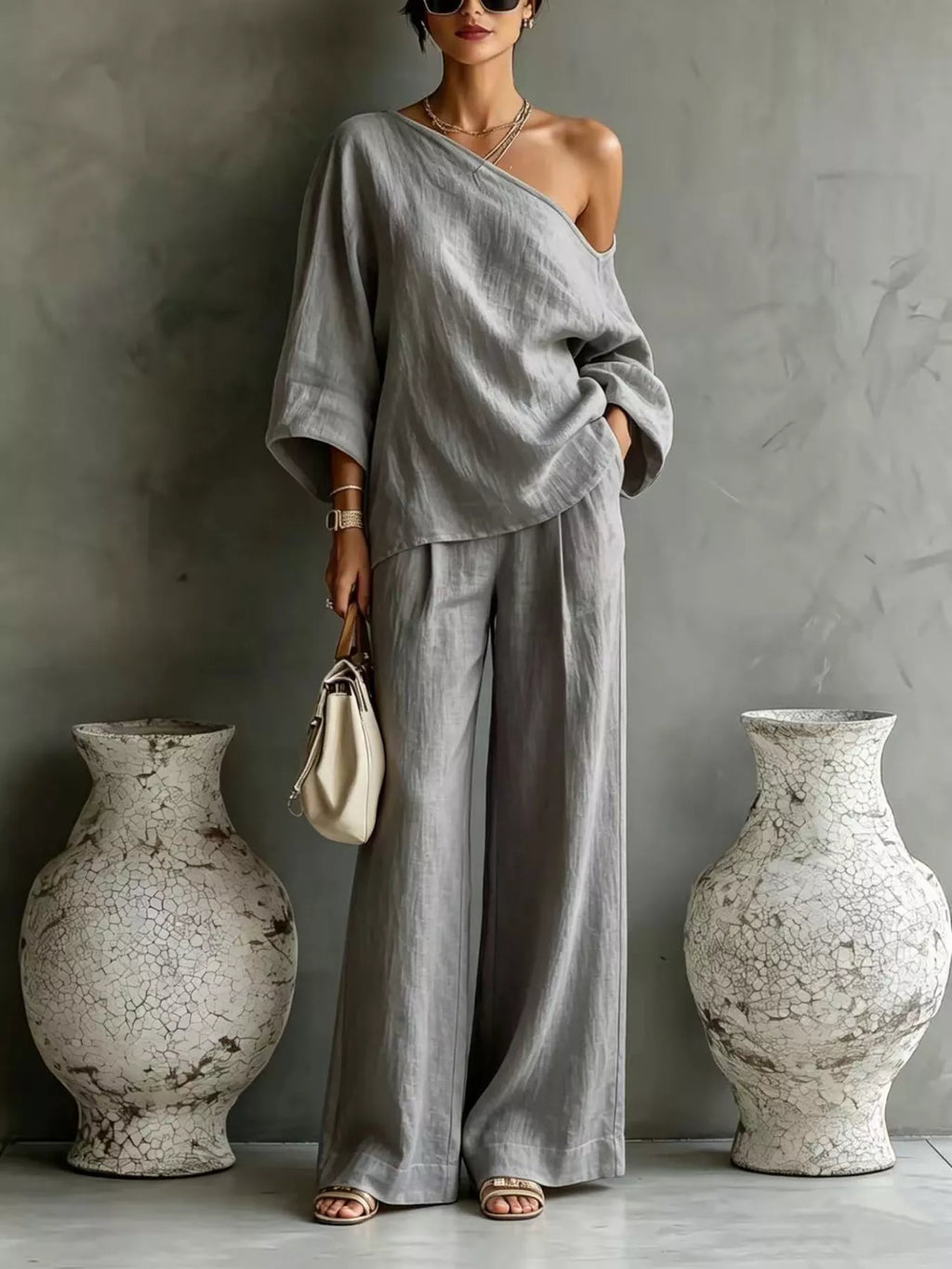 One Shoulder Top and Wide Leg Pants Set