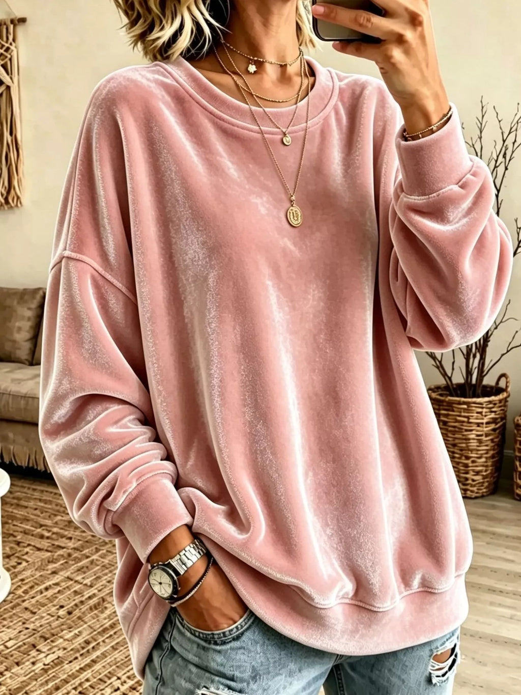 Full Size Solid Color Crew Neck Sweatshirt Plus Size