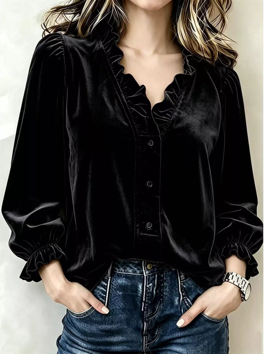V-Neck Ruffled Velvet Button Down Blouse
