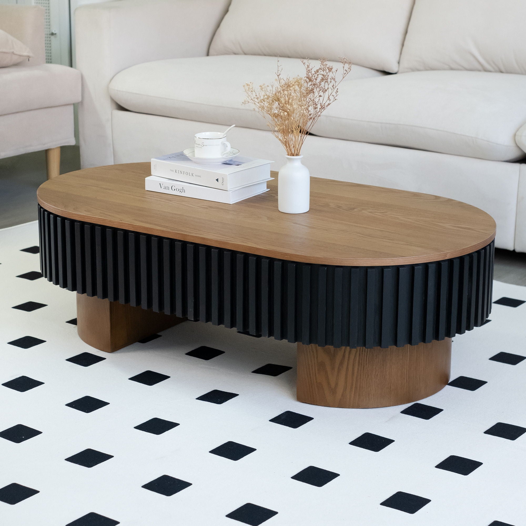 Elliptical Living Room Coffee Table With Hidden Storage And Removable Tabletop