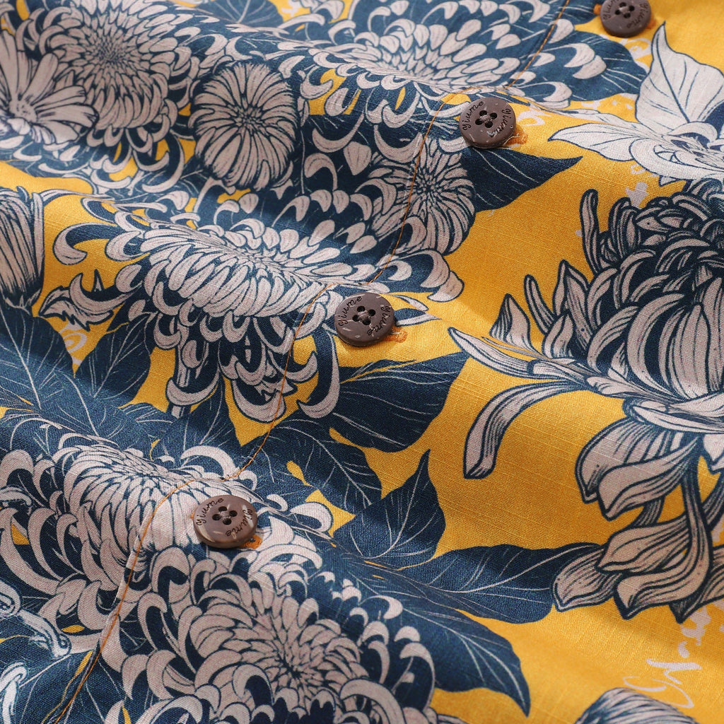 Yellow Hawaiian Shirt For Men Japanese Flower Shirt Camp Collar 100% Cotton Shirt