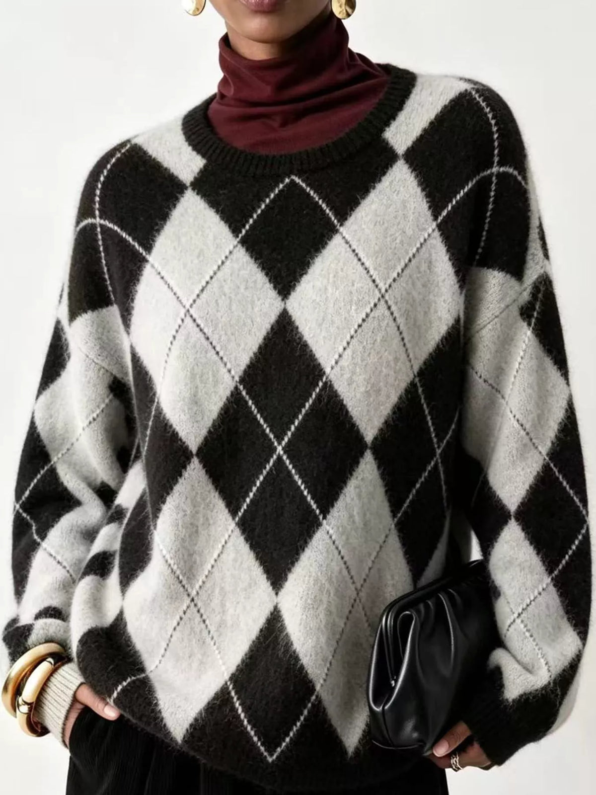 Argyle Pattern Fuzzy Knit Sweater
