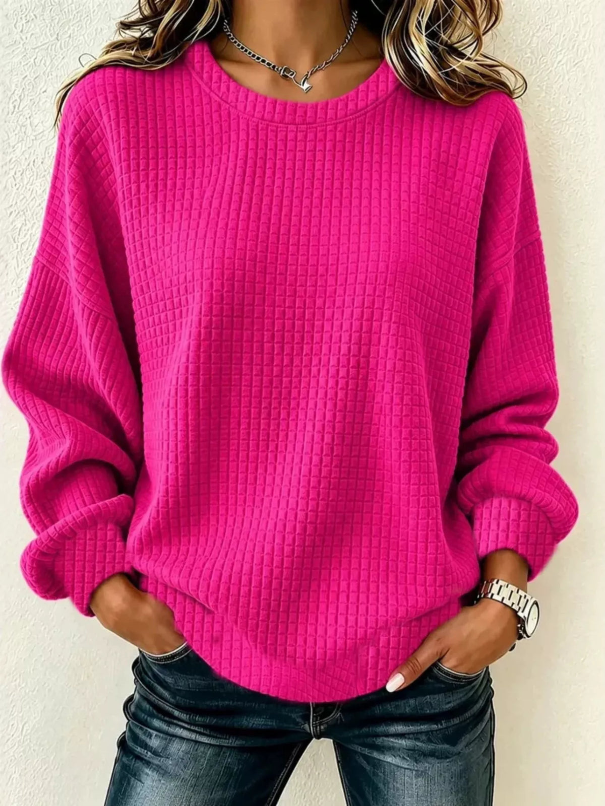 Full Size Textured Crew Neck Long Sleeve Sweatshirt Plus Size