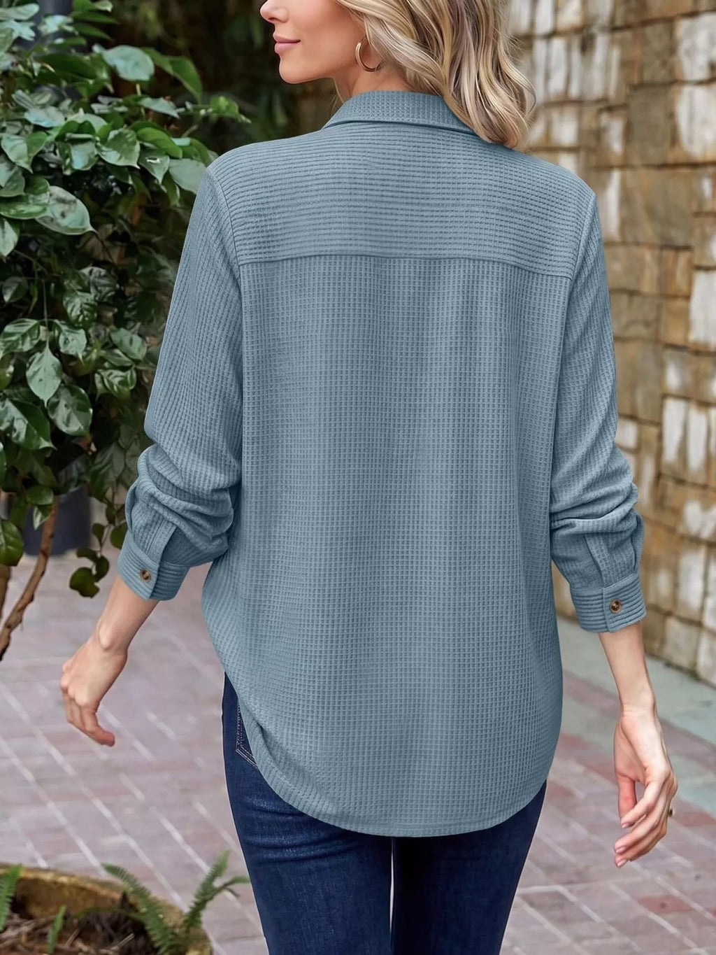 Waffle Knit Button-Down Long Sleeve Shirt