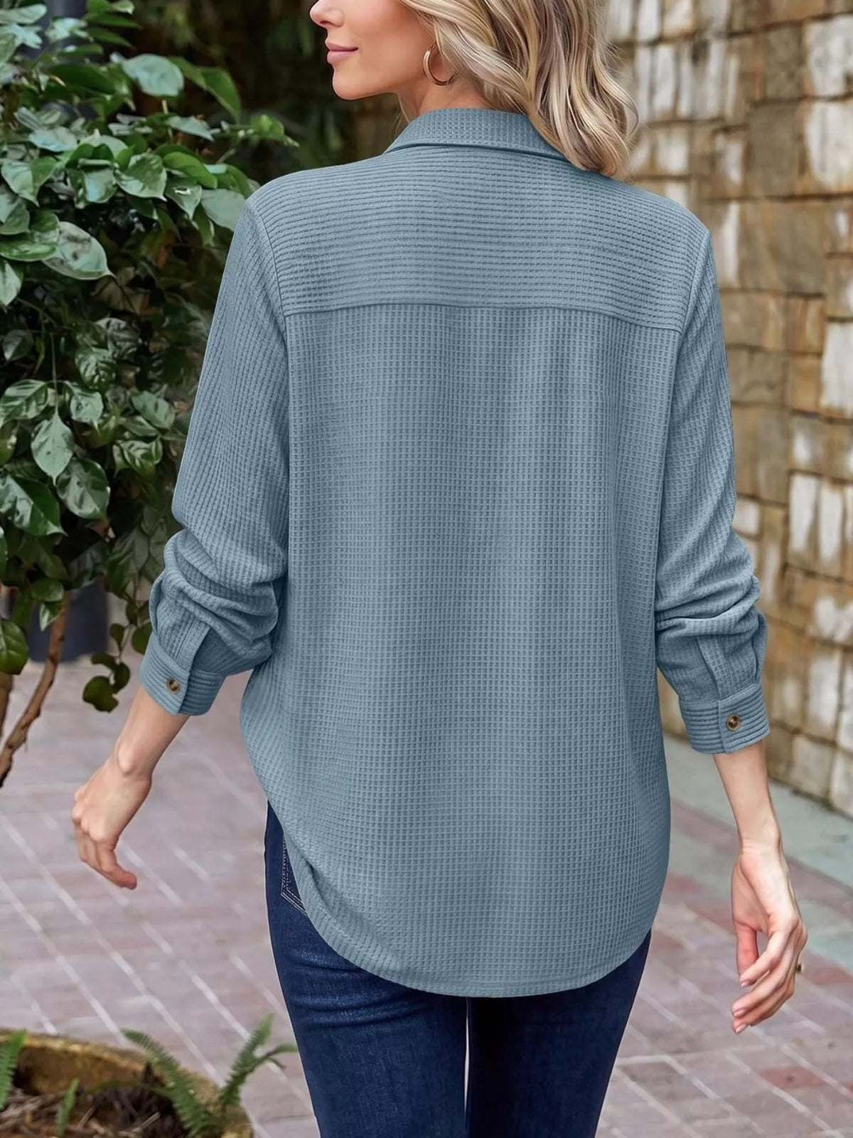 Waffle Knit Button-Down Long Sleeve Shirt