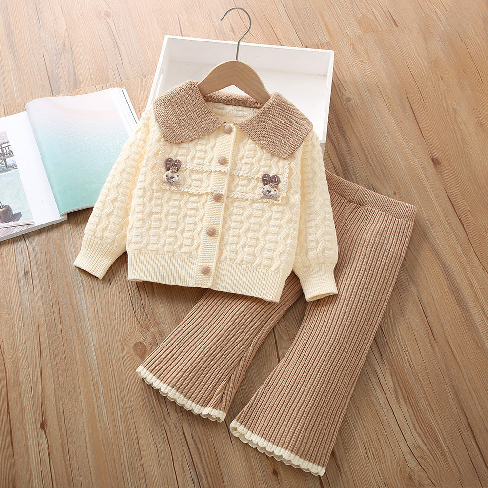 Western-style Knitted Cardigan And Trousers Two-piece Set For Baby Girls